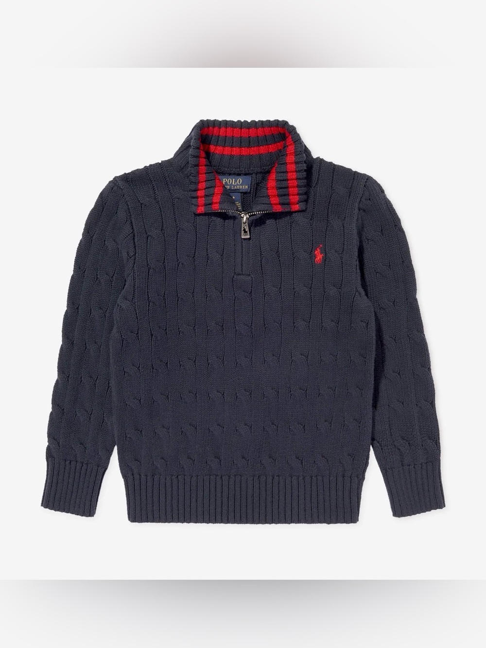 Polo by Ralph Lauren Navy Cable-Knit Half-Zip Sweater with Red Accents